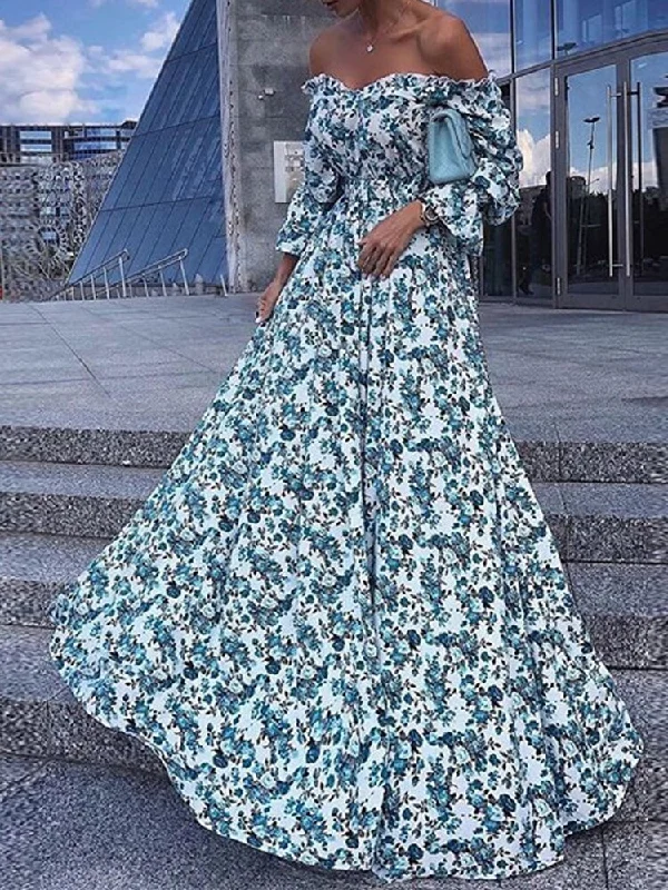 FashionSierra - Summer Floral Print Sexy Boat Neck Prom Dresses