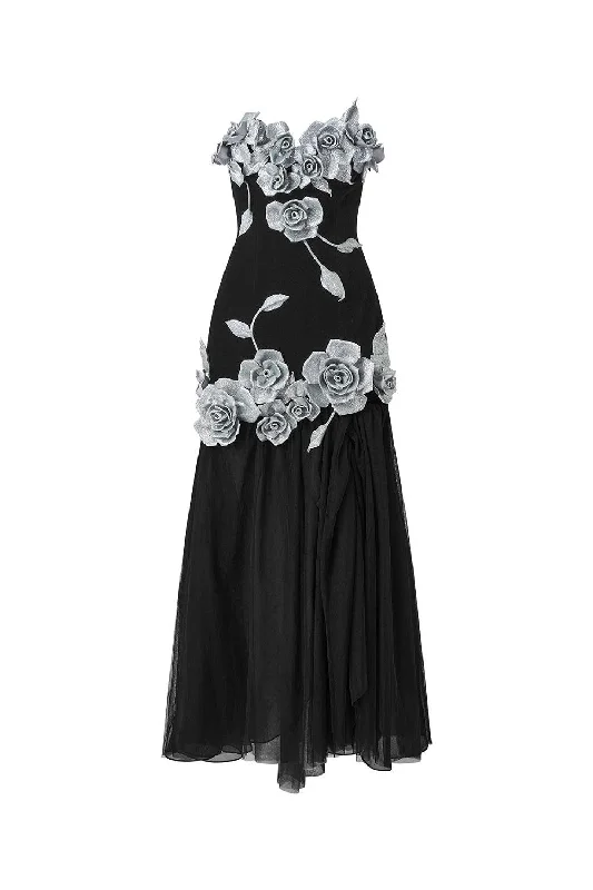 Joli Rose Drop Waist Flower Applique Velvet Ankle Length Dress