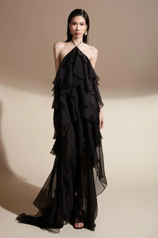 Zelda Halter Ruffle Trim Organza Voile Floor Length Dress