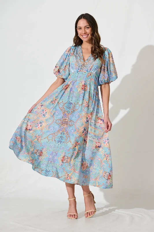 Dreamland Midi Dress In Blue Floral With Gemstones