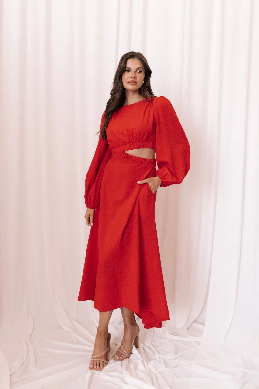 Ginnee Puff Sleeve Cutout Midi Dress - Red