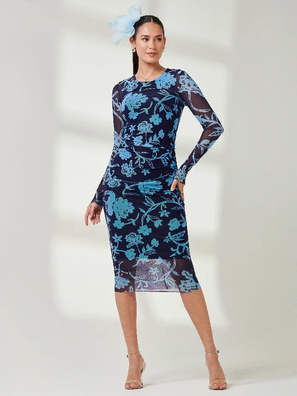 Long Sleeve Mesh Bodycon Maxi Dress, Navy Floral