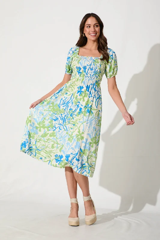 Perry Midi Dress In Blue With Green Print