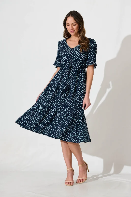 Raphaelle Midi Dress in Navy with Blue Speckle