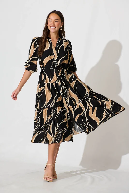 Vinnie Midi Dress In Black And Beige Leaf Cotton Blend