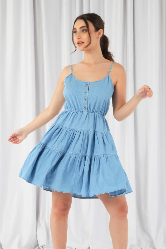 Double Second Blue Tiered Strappy Chambray Dress