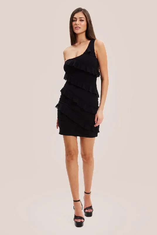 Liquorish Diagonal Ruffle One Shoulder Mini Dress In Black