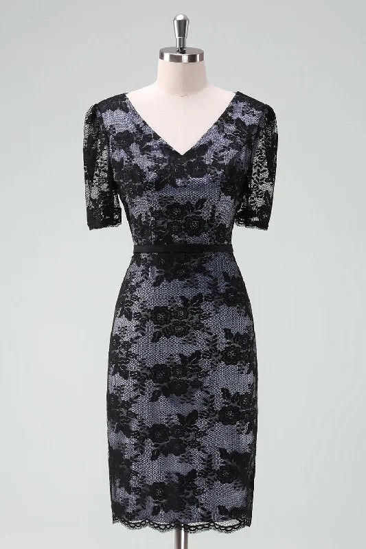 Black V-Neck Lace Sheath Midi Mother of Bride Dress with Short Sleeves