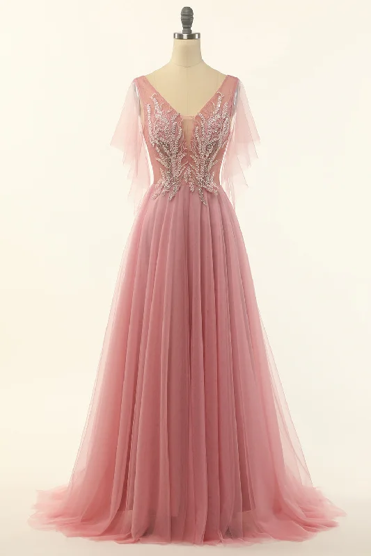 Blush Beading Tulle A-line Prom Dress