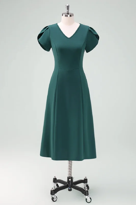 Dark Green V-Neck Cocktail Dress with Short Sleeves