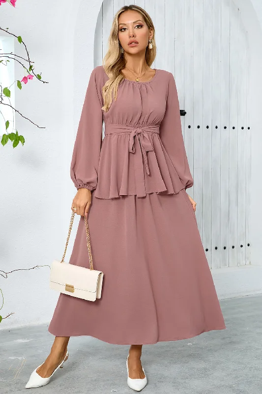 Dusty Rose A-Line Tiered Chiffon Long Party Dress with Long Sleeves