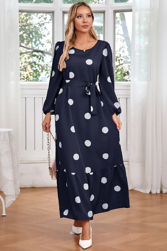 Navy Scoop Neck Polka Dots Long Cocktail Dress with Sash