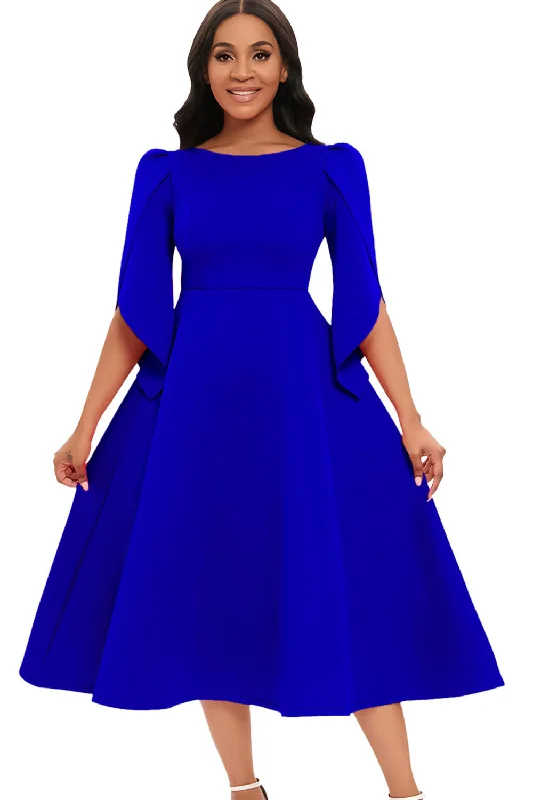 Fashion Elegant Royal Blue A Line Solid Swing Cocktail Dress with Half Sleeves