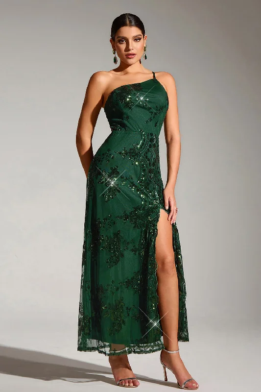 Sparkly Dark Green One Shoulder Mermaid Sequin Long Party Dress with Slit