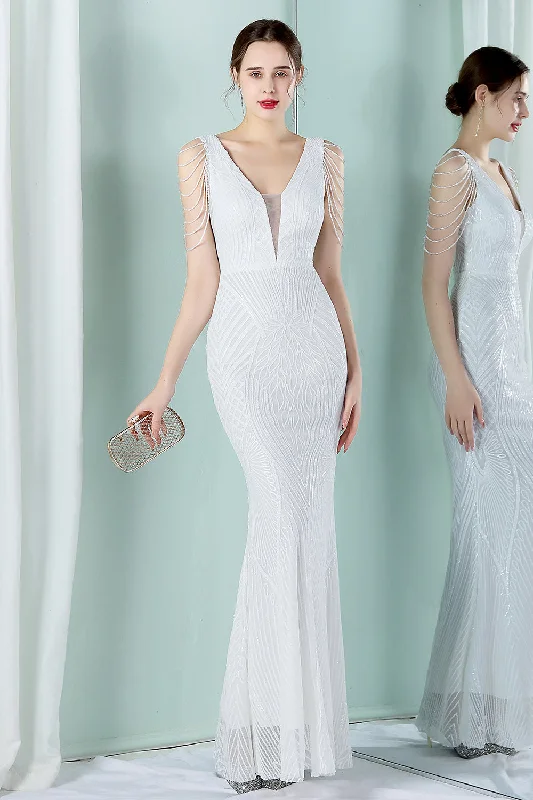 White Deep V Neck Mermaid Evening Dress