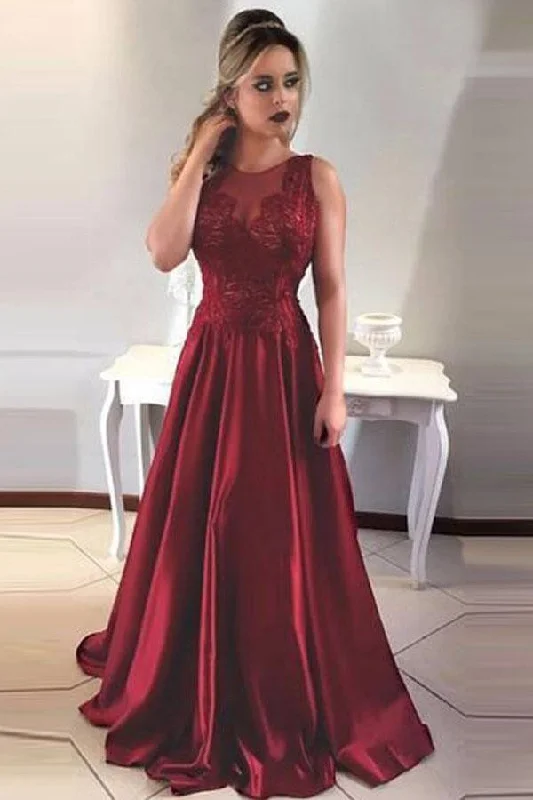 A-Line Round Neck V-Back Maroon Satin Prom Dresses with Lace PG455