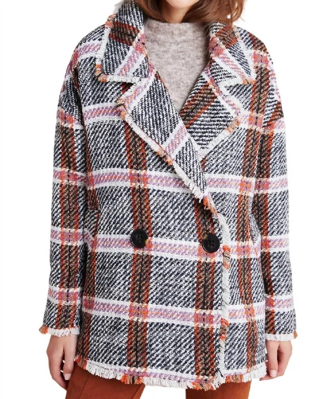 Carrie Double Breasted Plaid Tweed Coat In Multi