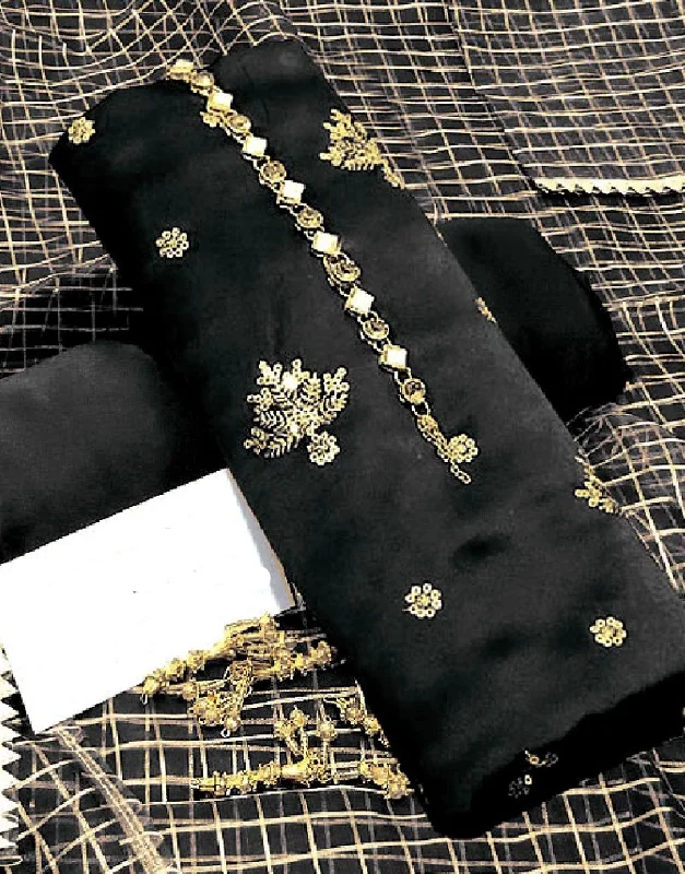 Embroidered Black Shamoz Silk Party Wear Dress with Shamoz Silk Trouser (DZ14633)