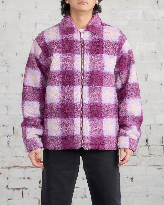 Stussy Zip Sherpa Shadow Plaid Jacket Berry