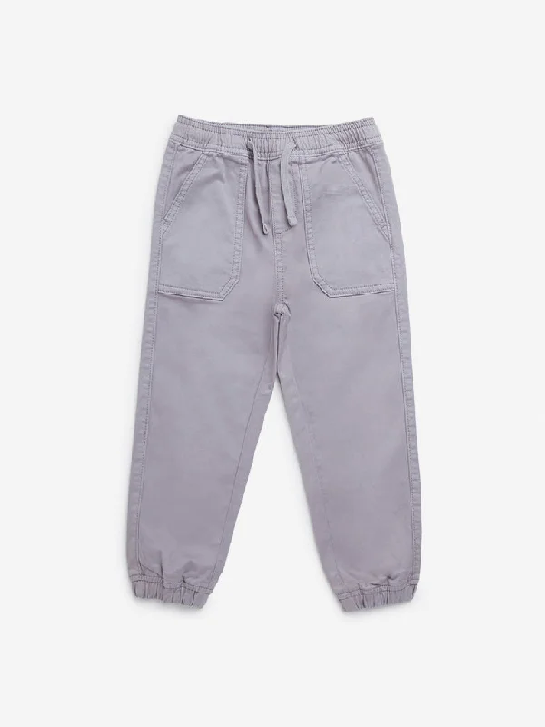 HOP Kids Grey Solid Mid-Rise Cotton Blend Joggers