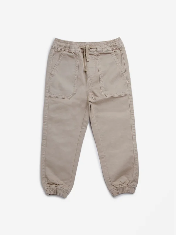 HOP Kids Light Beige Solid Mid-Rise Cotton Joggers