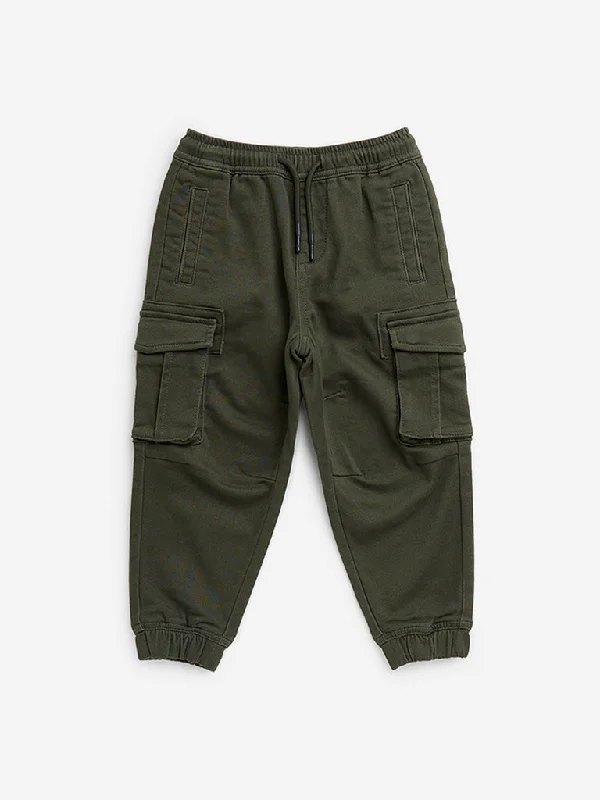 HOP Kids Olive Cargo-Style Mid-Rise Cotton Blend Joggers