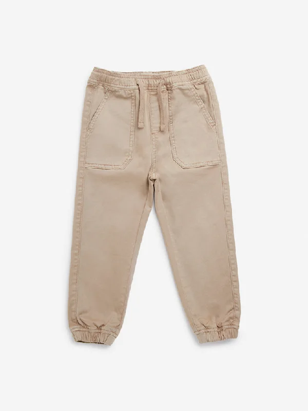 HOP Kids Taupe Solid Mid-Rise Cotton Blend Joggers