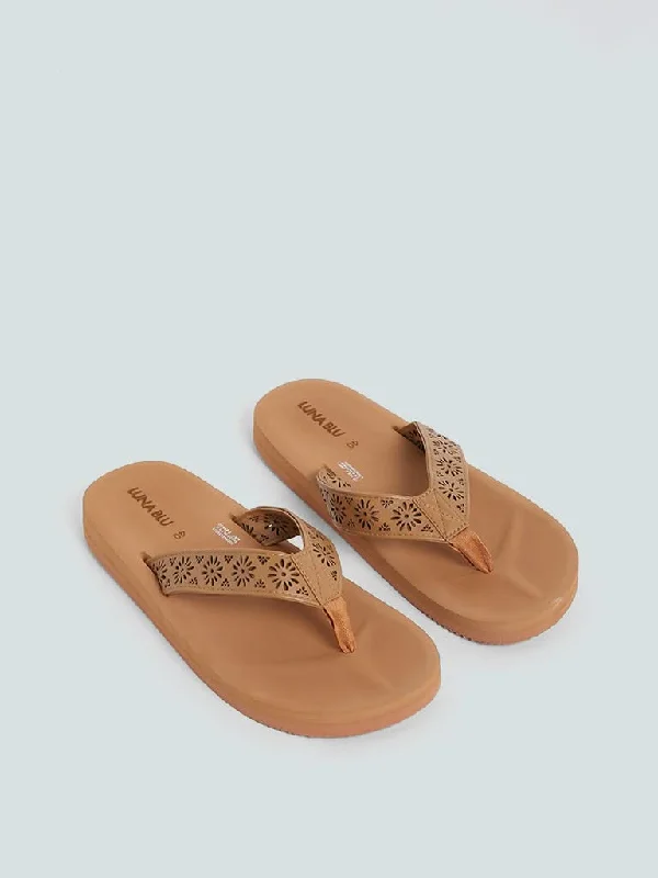 LUNA BLU Laser Cut Tan-Colored Soft Footbed Flip Flop