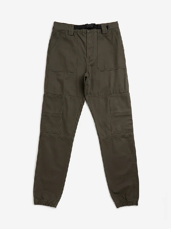 Y&F Kids Olive Pack Buckle Mid-Rise Cotton Joggers