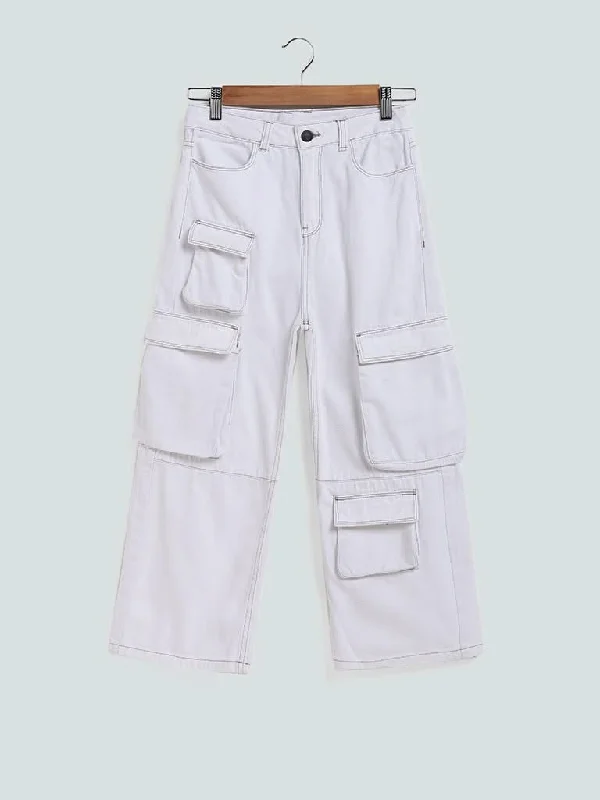 Y&F Kids White Relaxed - Fit High - Rise Cargo Jeans