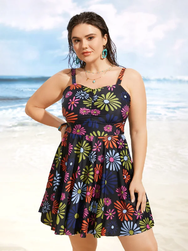 Floral Heart Neckline Ruched Swim Dress