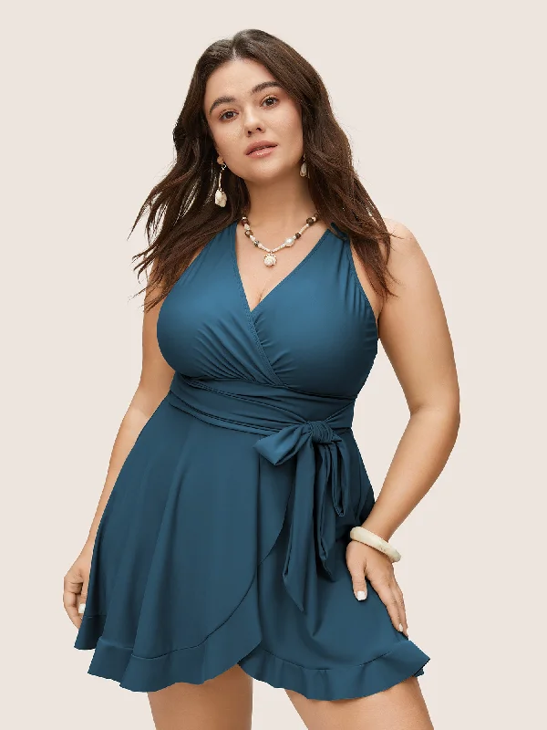 Plain Ties Wrap Flutters Swim Dress