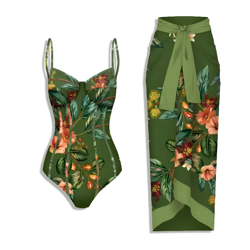 The Ivy Floral One-Piece Swimsuit Sarong Set