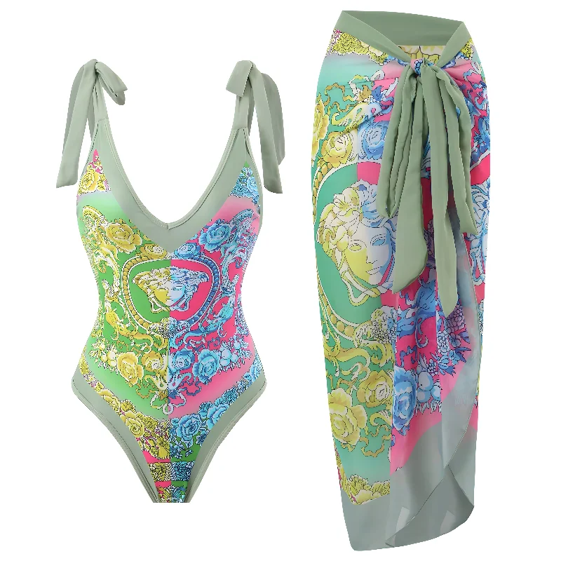 The Maristella One-Piece Swimsuit Sarong Set