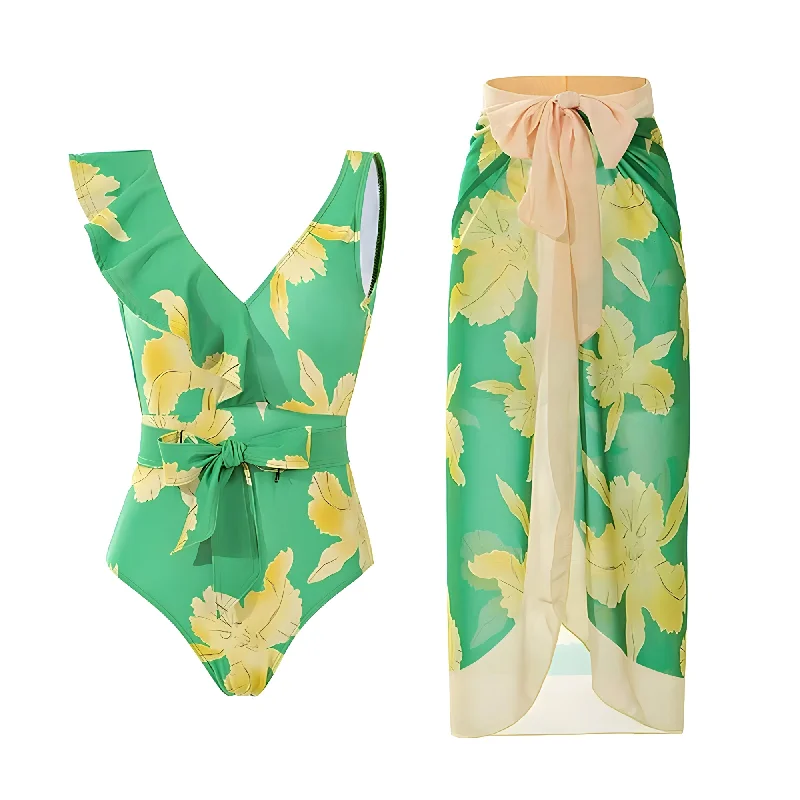 The Wisteria One-Piece Swimsuit Sarong Set